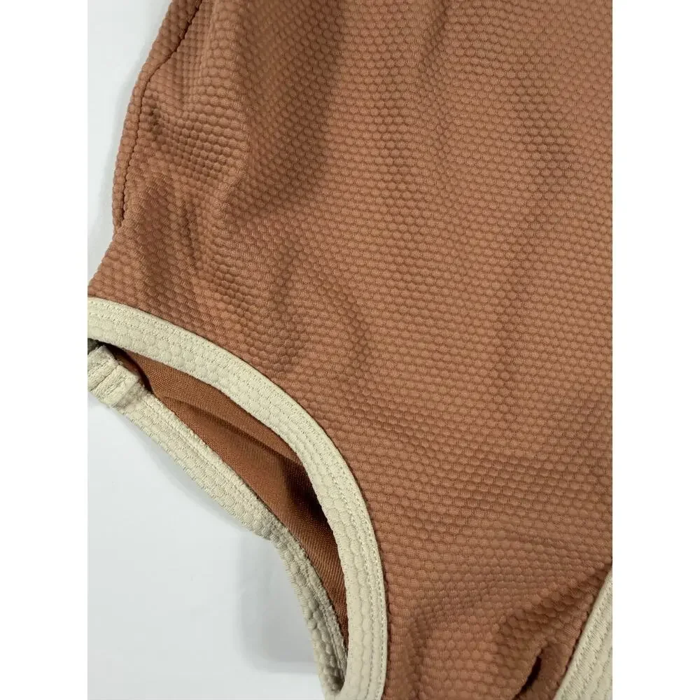 H&M Toddler Textured One Piece Swimsuit Brown Cream Trim size 2 years